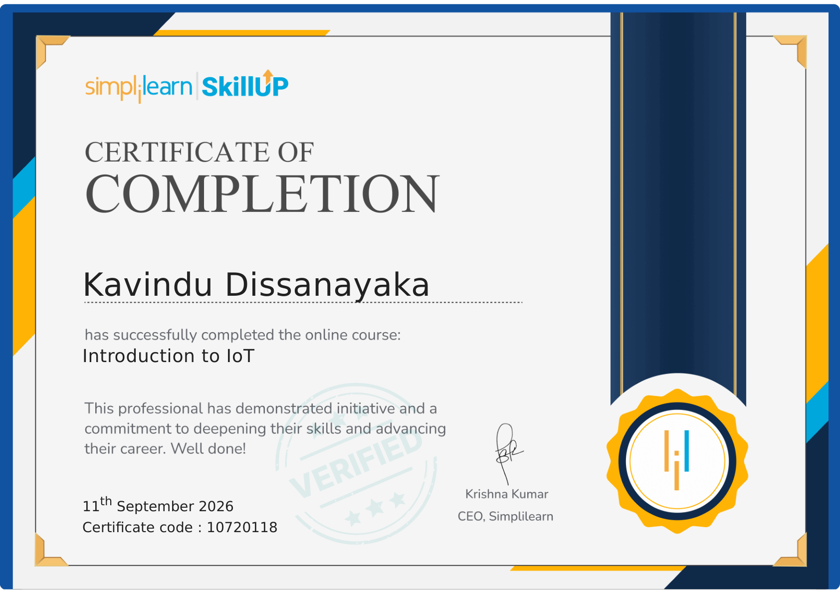 Simplilearn Introduction to IoT Certificate