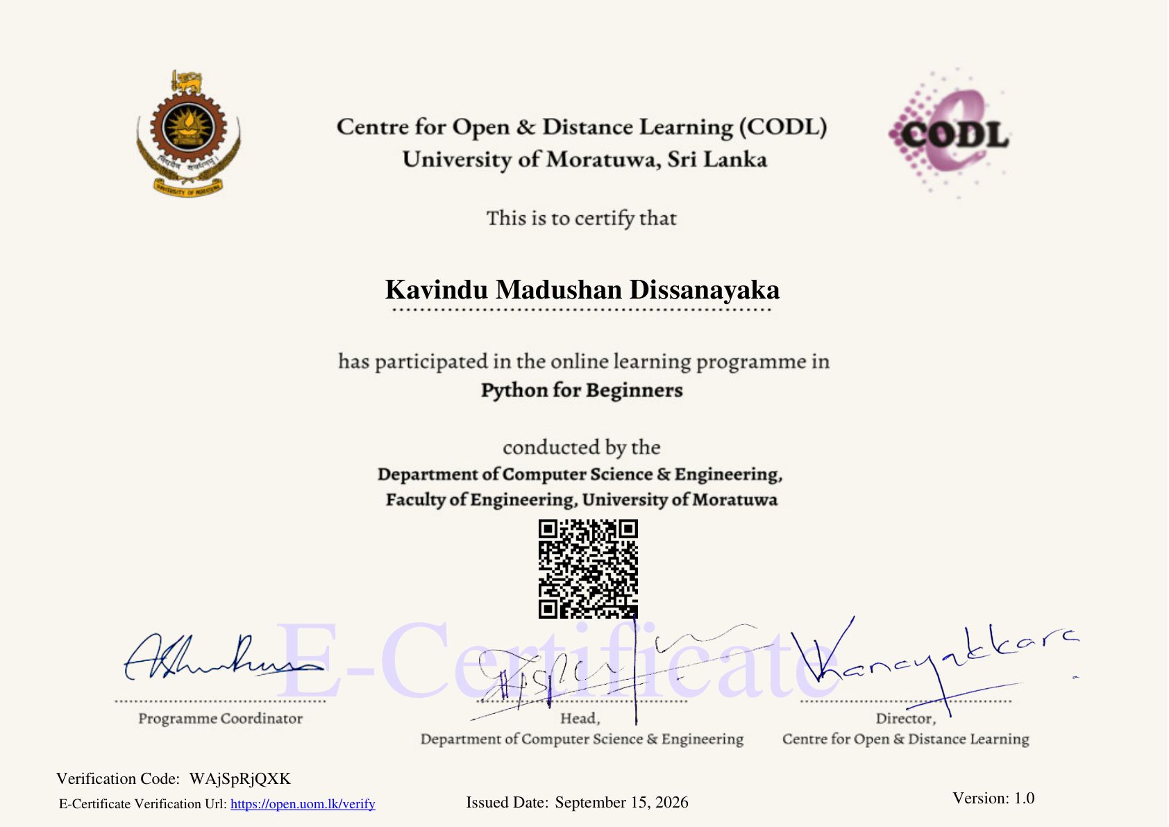 University of Moratuwa Python Certificate